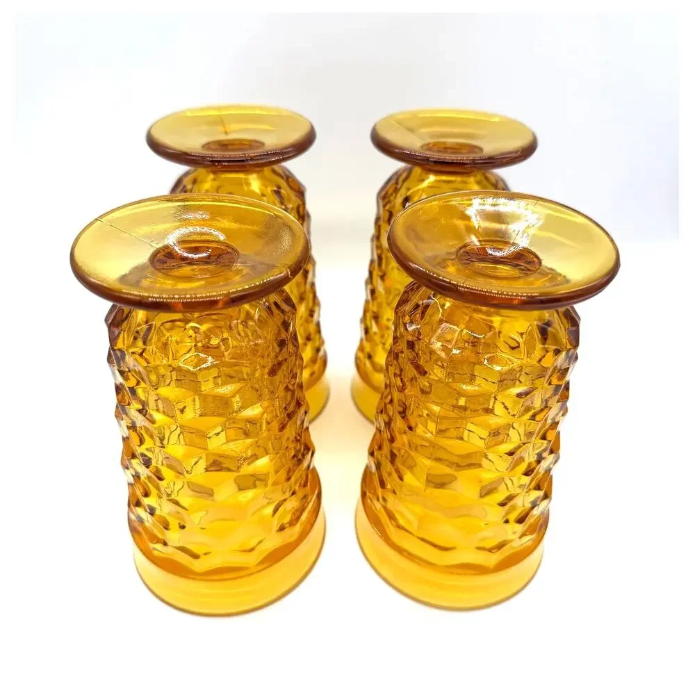 Vtg Indiana Glass Colony Whitehall Cubist Set of 4 Amber Footed Iced Tea Glasses